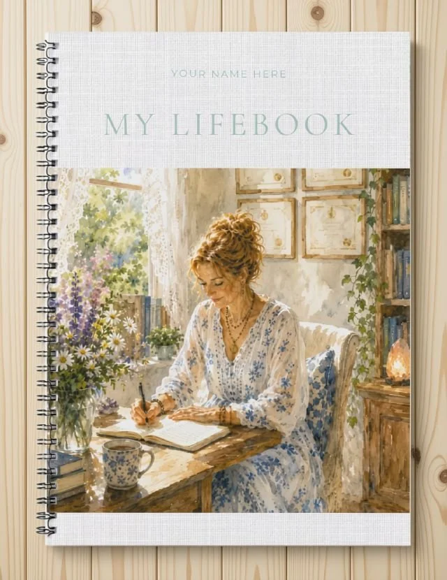 My Lifebook printable journal, pale cover with a woman writing at a window desk with wildflowers