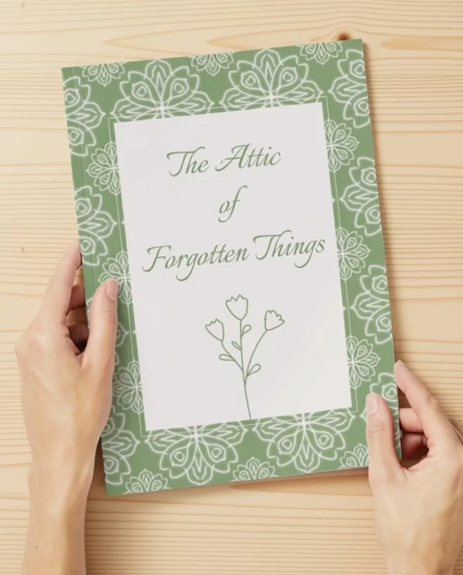 The Attic of Forgotten Things, a free printable guide held in two hands, green folk-patterned cover with a line-drawn flower