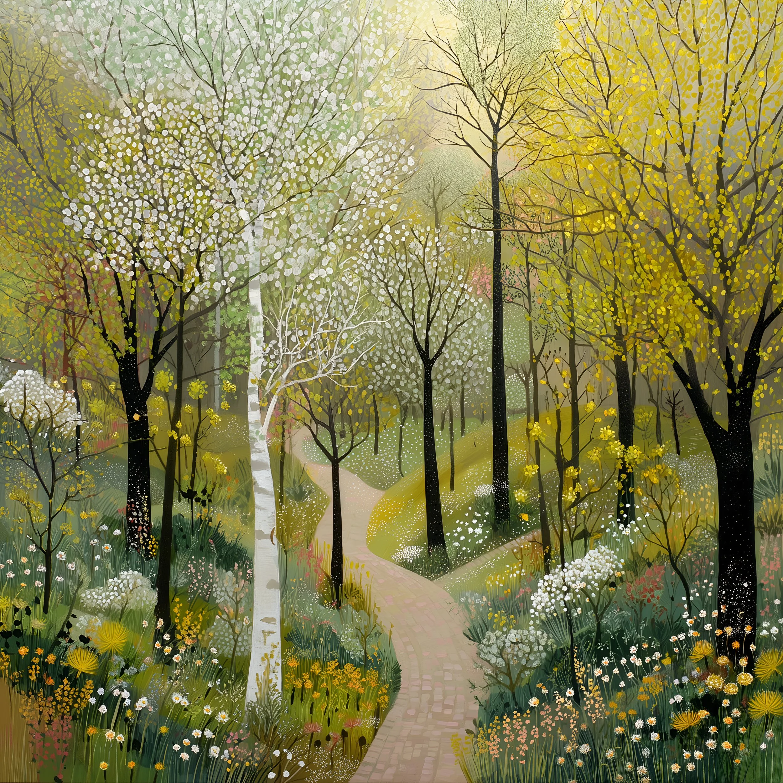 A colorful painting of a park scene with a cobblestone pathway surrounded by yellow and white flowers and trees with yellow and white foliage.