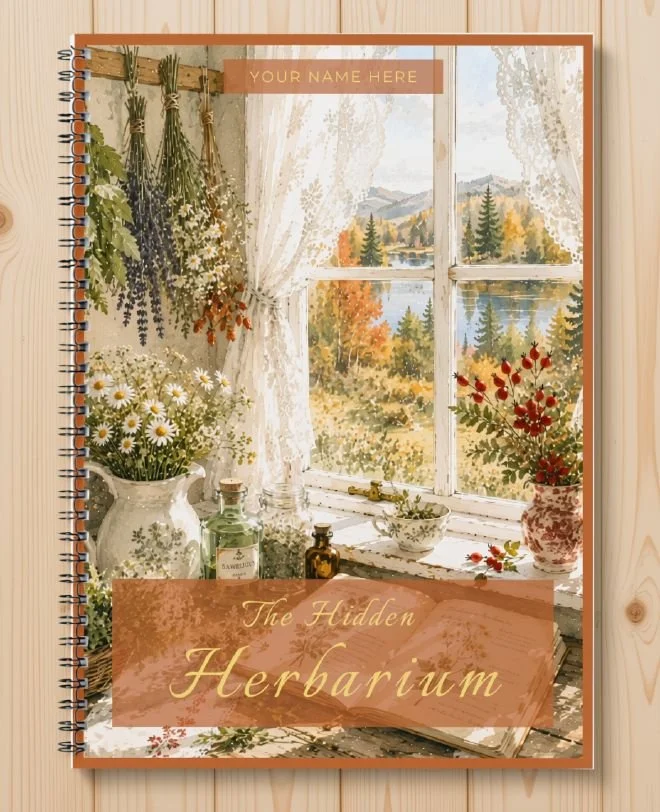 The Hidden Herbarium printable plant journal in terracotta, cover with drying herbs at an autumn window and a space for your own name