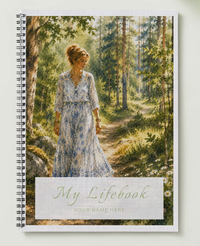 woman walking a sunlit forest path