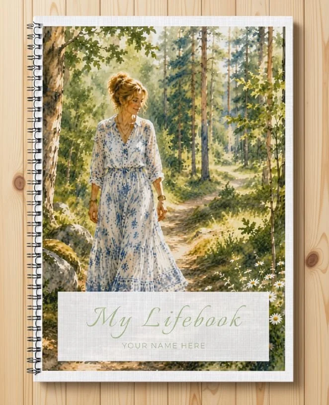 My Lifebook printable journal, linen cover with a woman walking a sunlit forest path in a blue floral dress