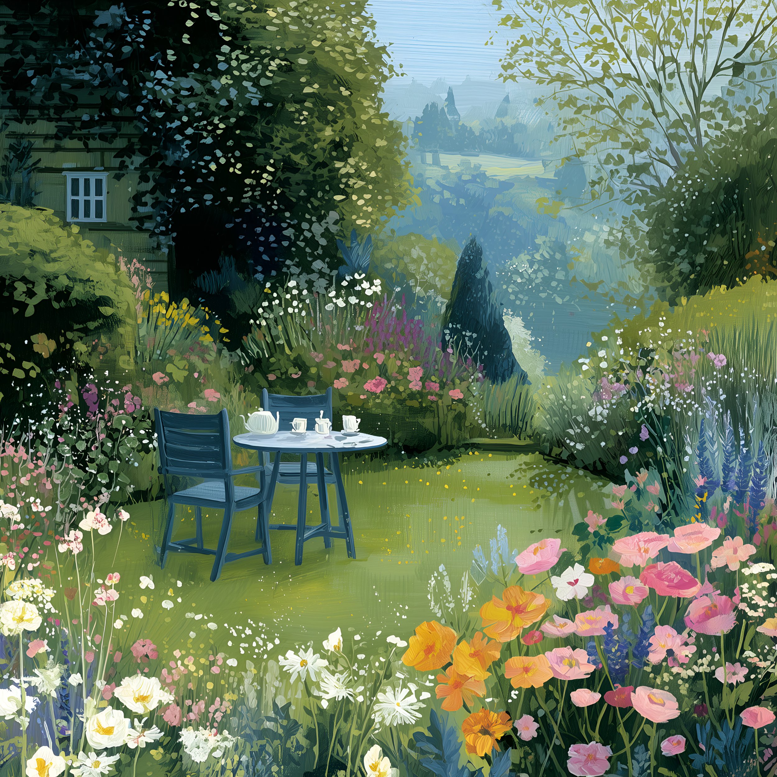 A painting of a lush garden scene with a table and chairs outside, surrounded by colorful flowers and dense green foliage, with a distant view of a river or lake.