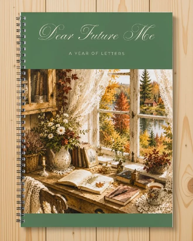 Dear Future Me printable journal in green, cover with an autumn window, open book and candlelight