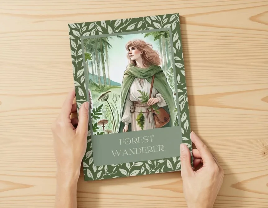 Hands holding a printed Forest Wanderer guide with a green leaf border and a watercolour illustration of a woman walking in the woods