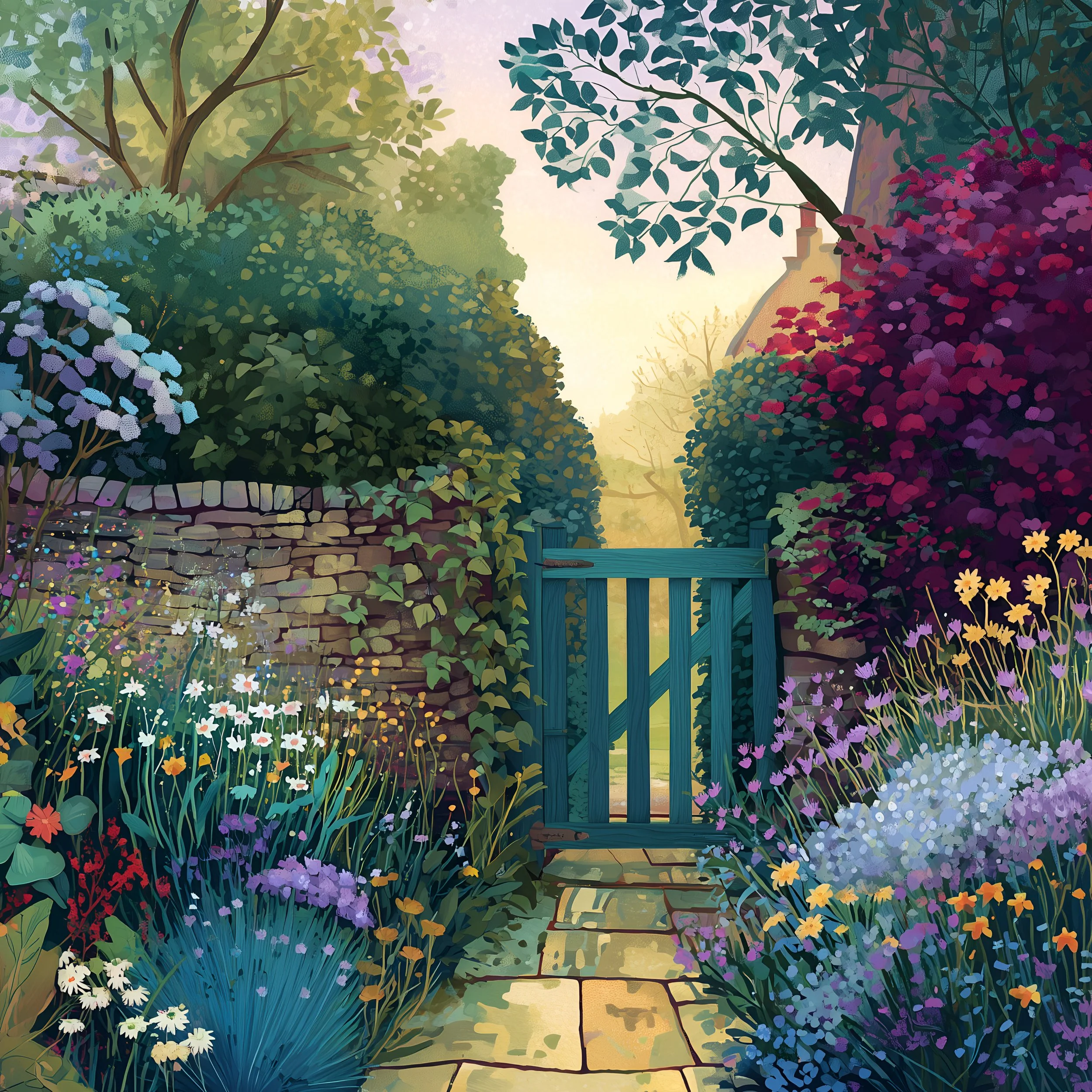 A digitally illustrated garden scene featuring a stone pathway, a wooden gate, colorful flowering bushes, and trees with lush green foliage, in soft pastel and earth tones.