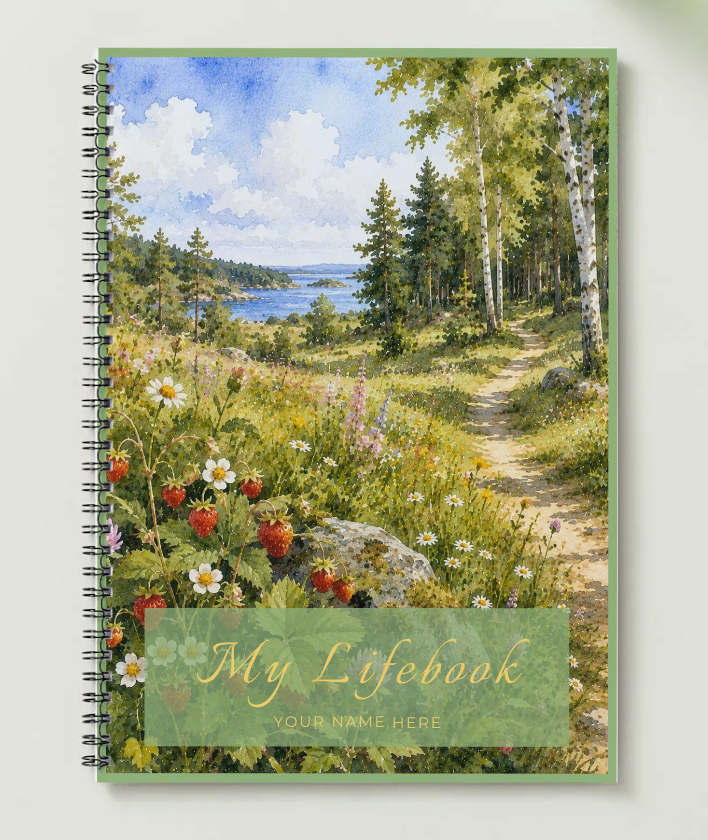 forest path, wild strawberries, and a lake