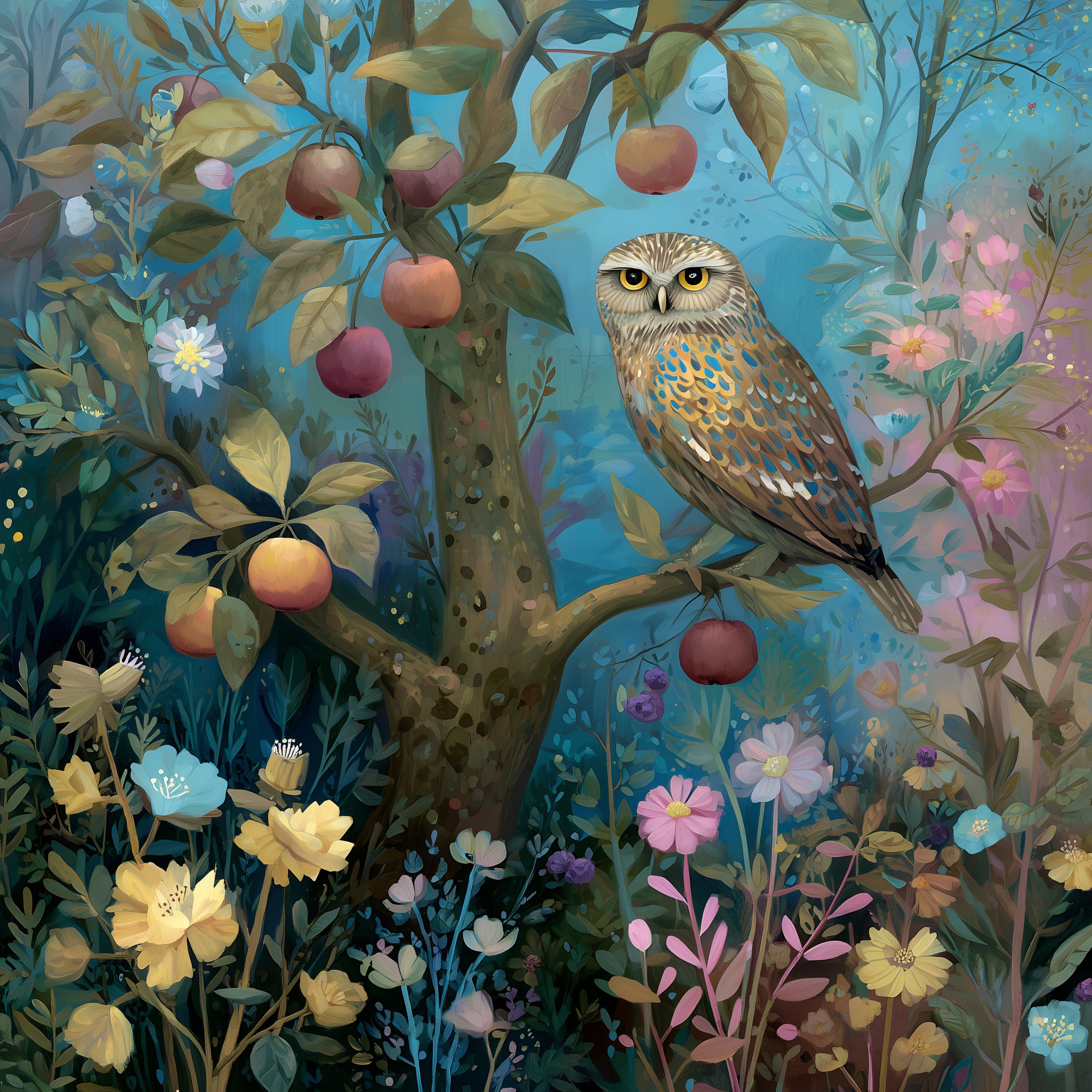 The Orchard — an owl in an apple tree among blossom