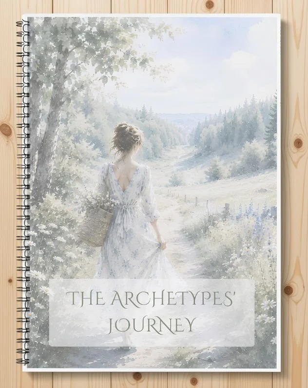 The Archetypes' Journey printable journal, cover with a woman walking a meadow path with a basket of flowers