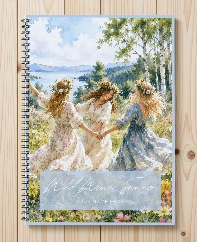 Wild Woman Summer printable seasonal journal in blue, cover with three women in flower crowns dancing in a lakeside meadow
