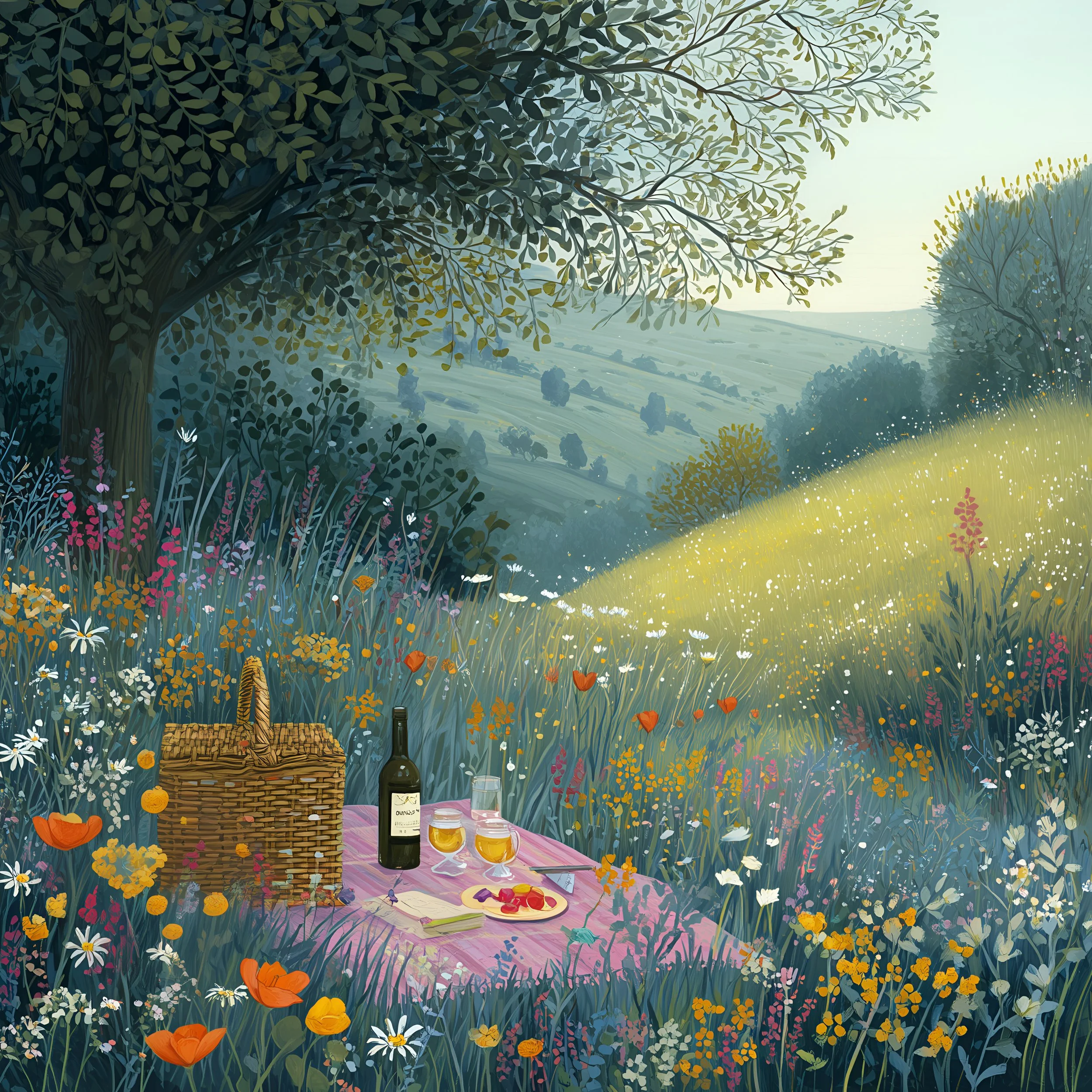 Letters from the Garden — a picnic blanket and basket on a flowering hillside
