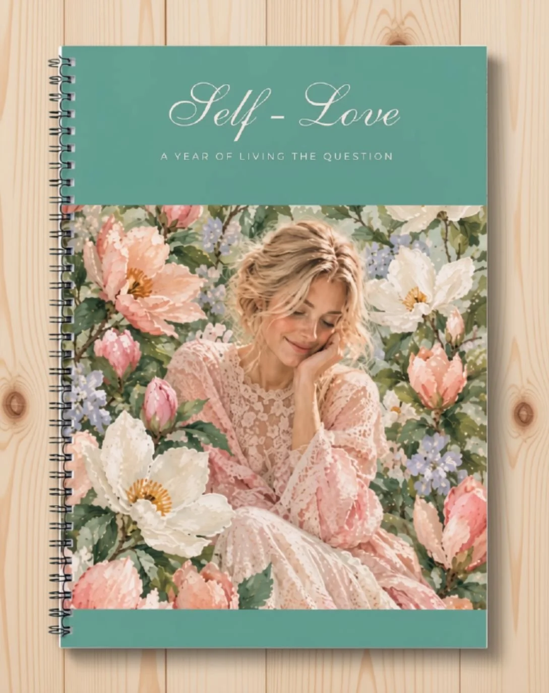 Self-Love printable journal cover in Magnolia and Sage: a woman in blush lace among magnolias and pink blossoms, sage green spiral notebook
