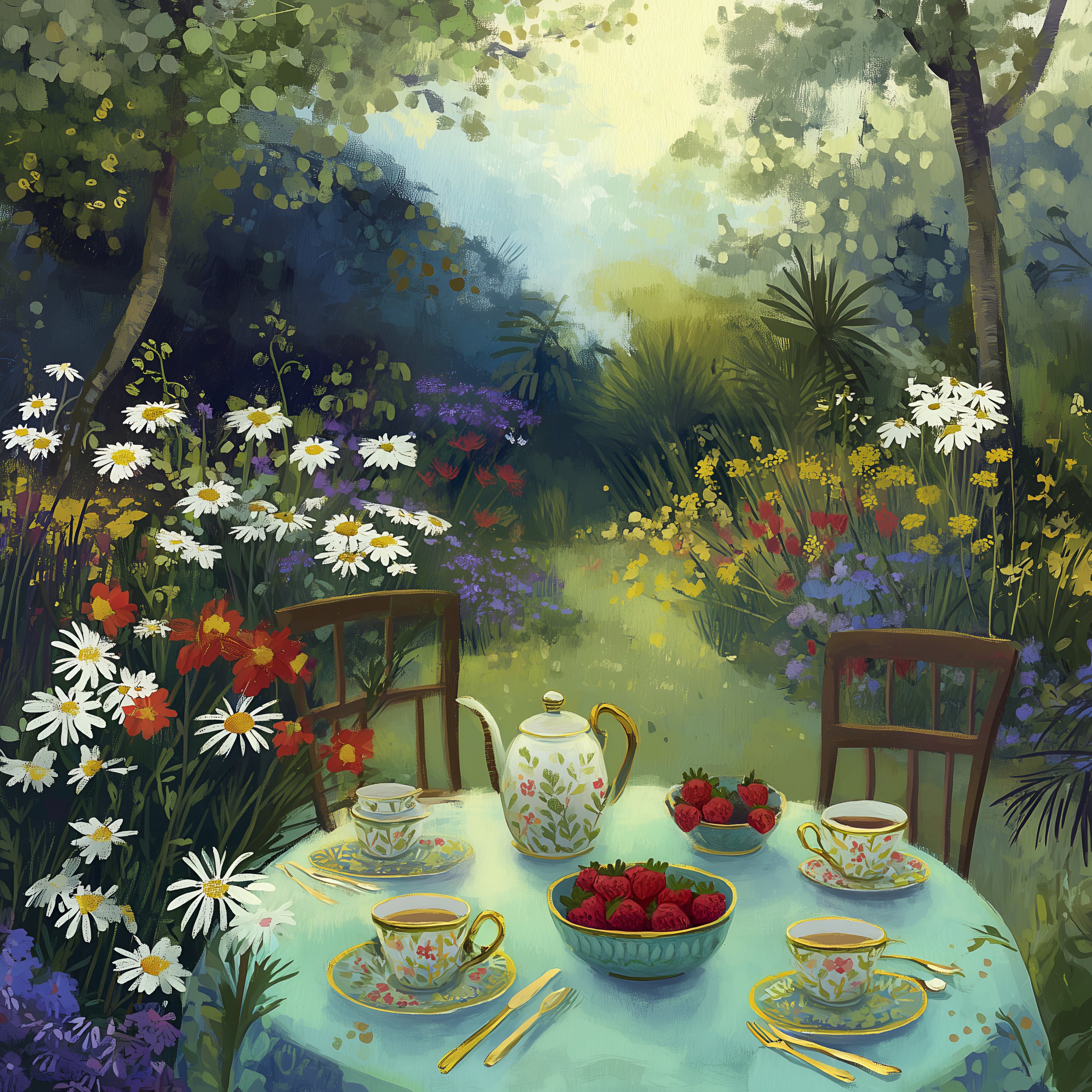 The Tea Circle — a table set with teapot, cups and strawberries among daisies