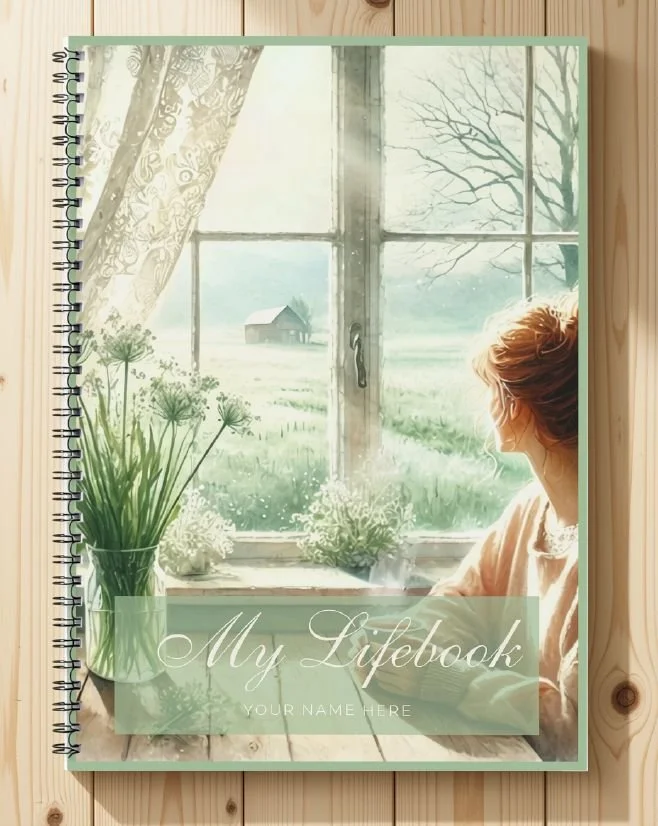 My Lifebook printable journal, soft green cover with a woman at a misty spring window
