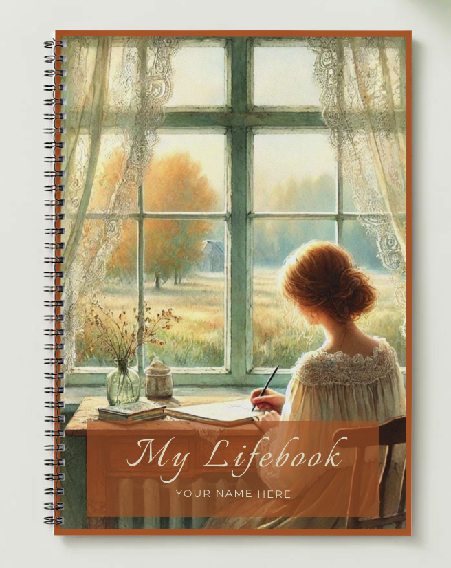woman writing at a window in autumn light