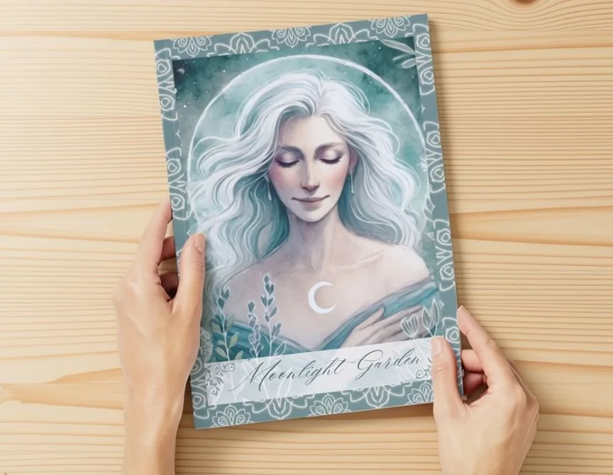 Hands holding a printed Moonlight Garden guide with a teal border and a watercolour illustration of a woman beneath the moon