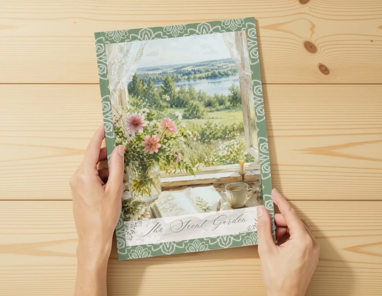 Hands holding a printed Scent Garden guide, showing a window filled with flowers, an open journal, and a cup of tea