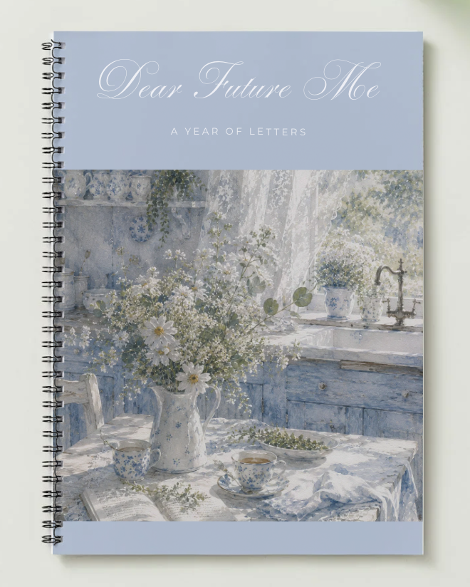 Dear Future Me year of letters journal, Morning Water palette, spiral-bound notebook with pale blue floral kitchen cover