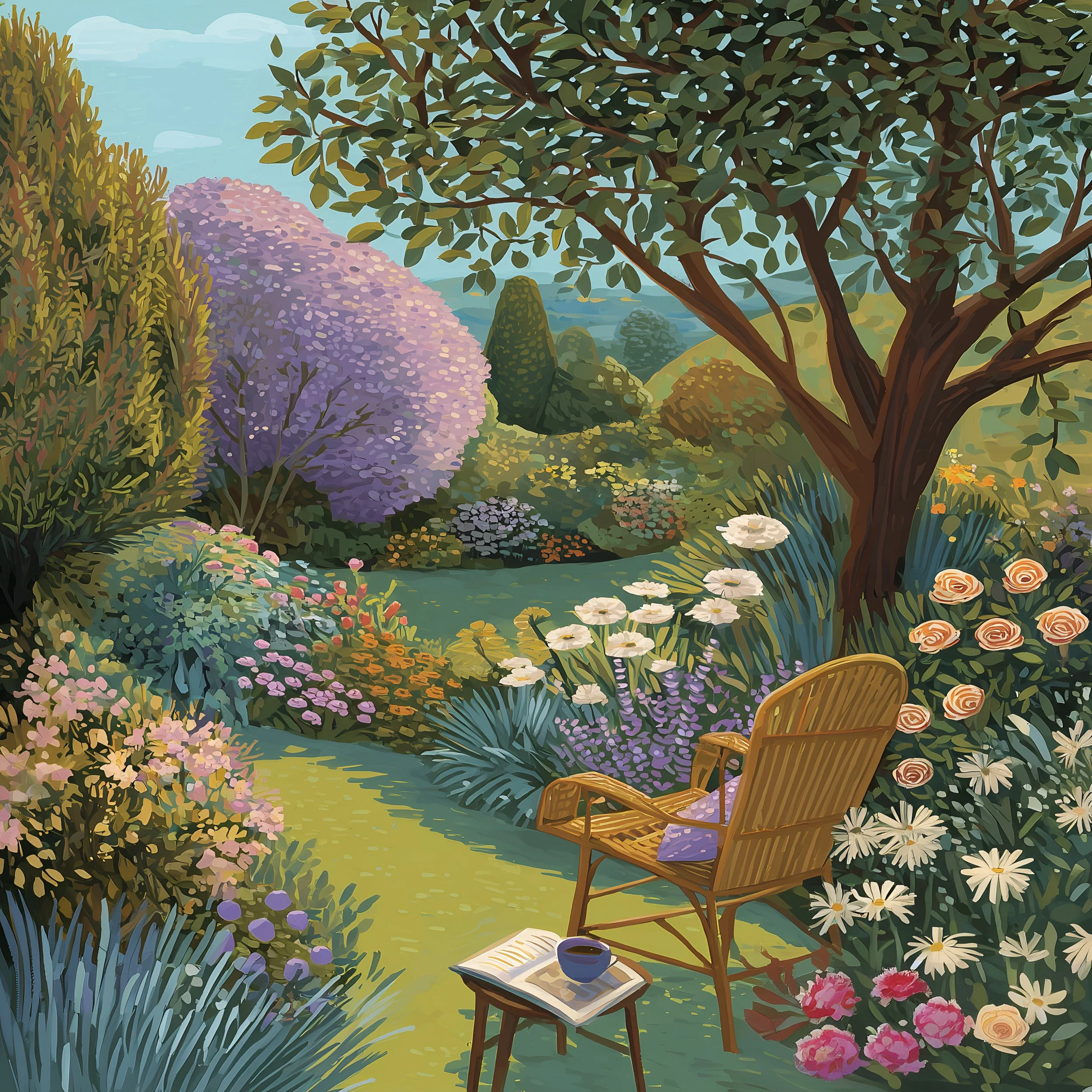 The Garden Bench — a wicker chair and open book in a summer garden