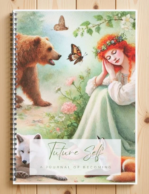 Future Self printable journal — a journal of becoming, cover with a woman resting in a flowering meadow with a bear and fox