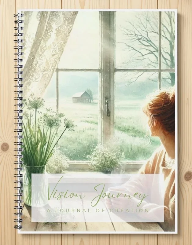 Vision Journey printable journal — a journal of creation, cover showing a woman looking out at a misty meadow