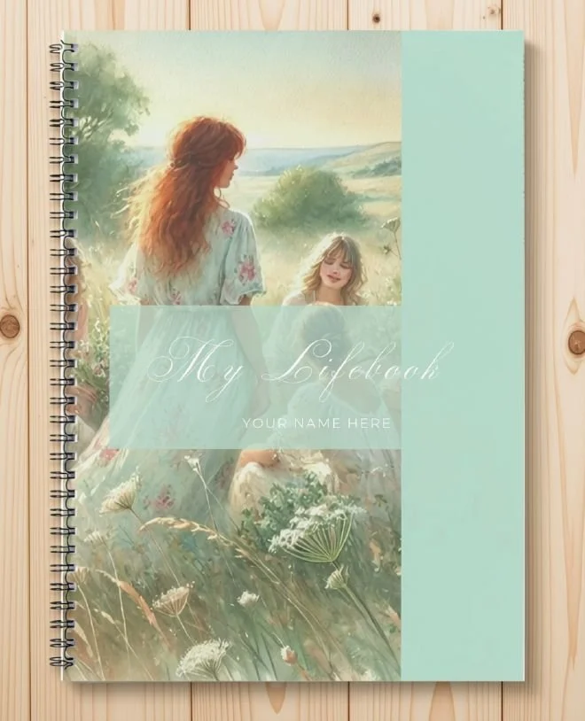 My Lifebook printable journal, mint cover with a women in a summer meadow