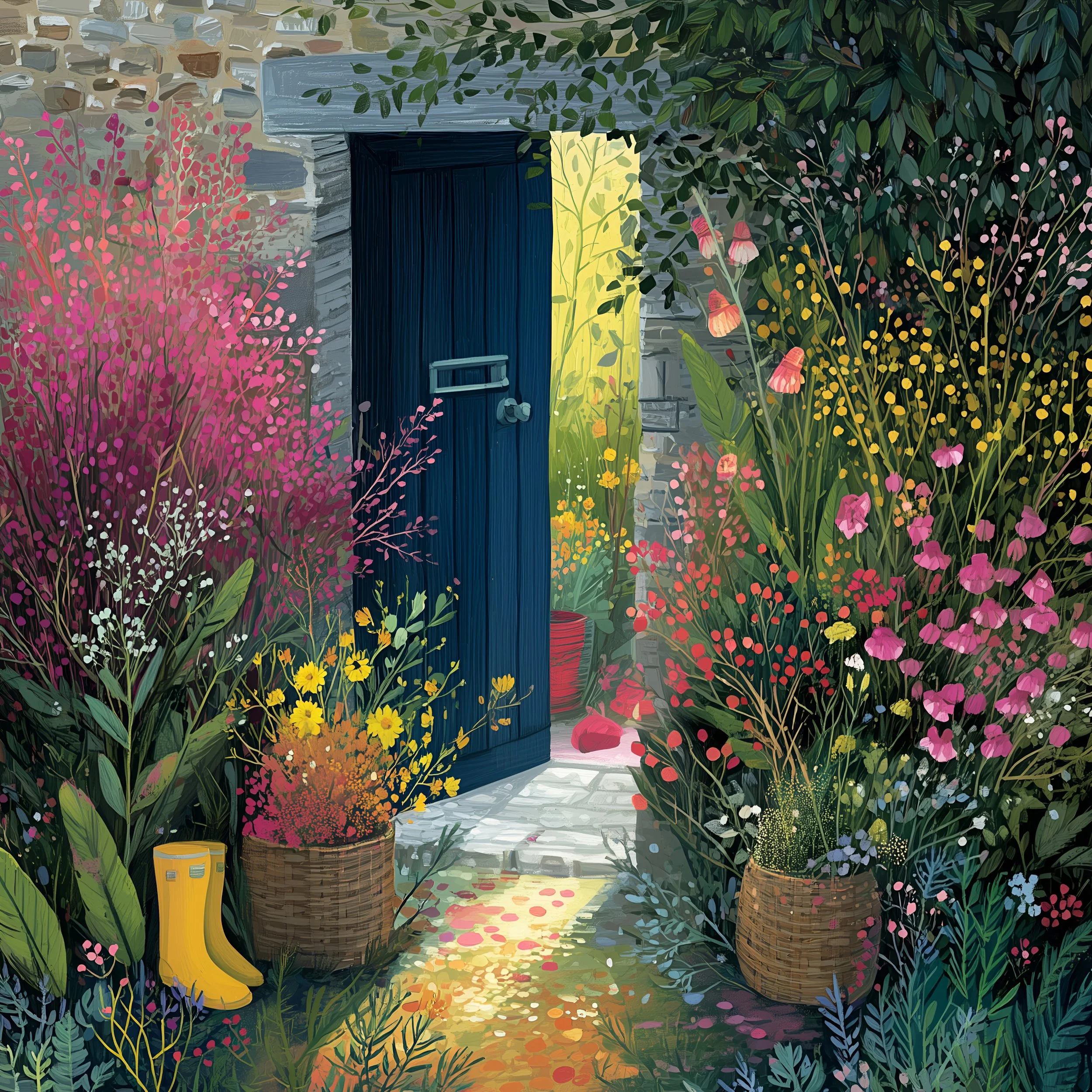 The Garden Gate — a painted blue door in a stone wall surrounded by flowers
