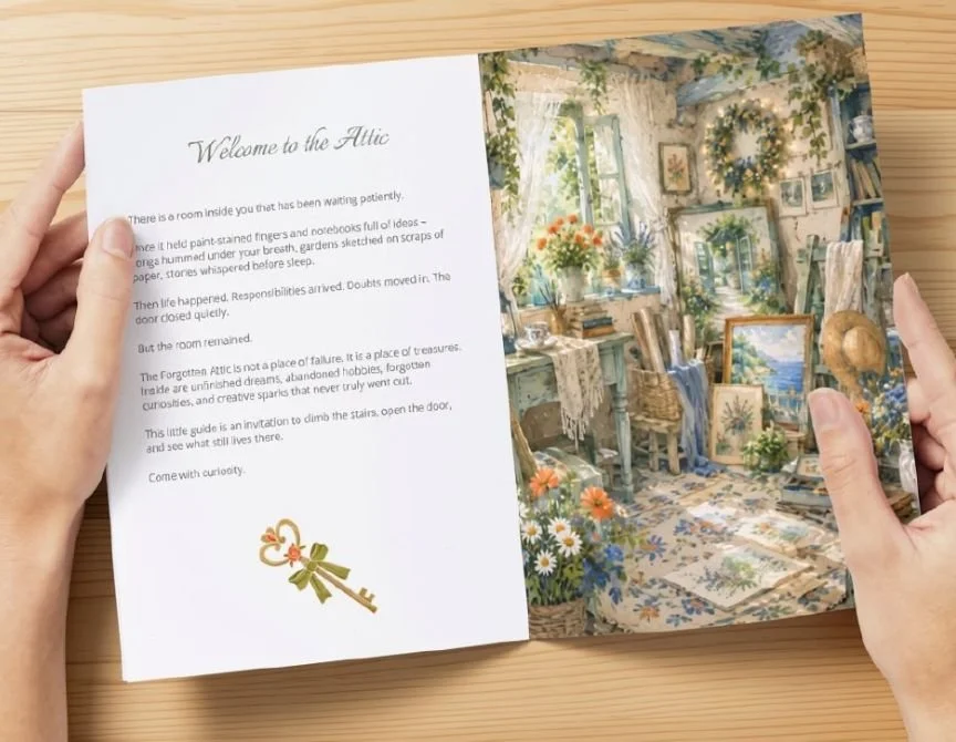 Open printed guide held in two hands, showing the Welcome to the Attic page beside a watercolour illustration of a sunlit attic studio full of paintings and flowers