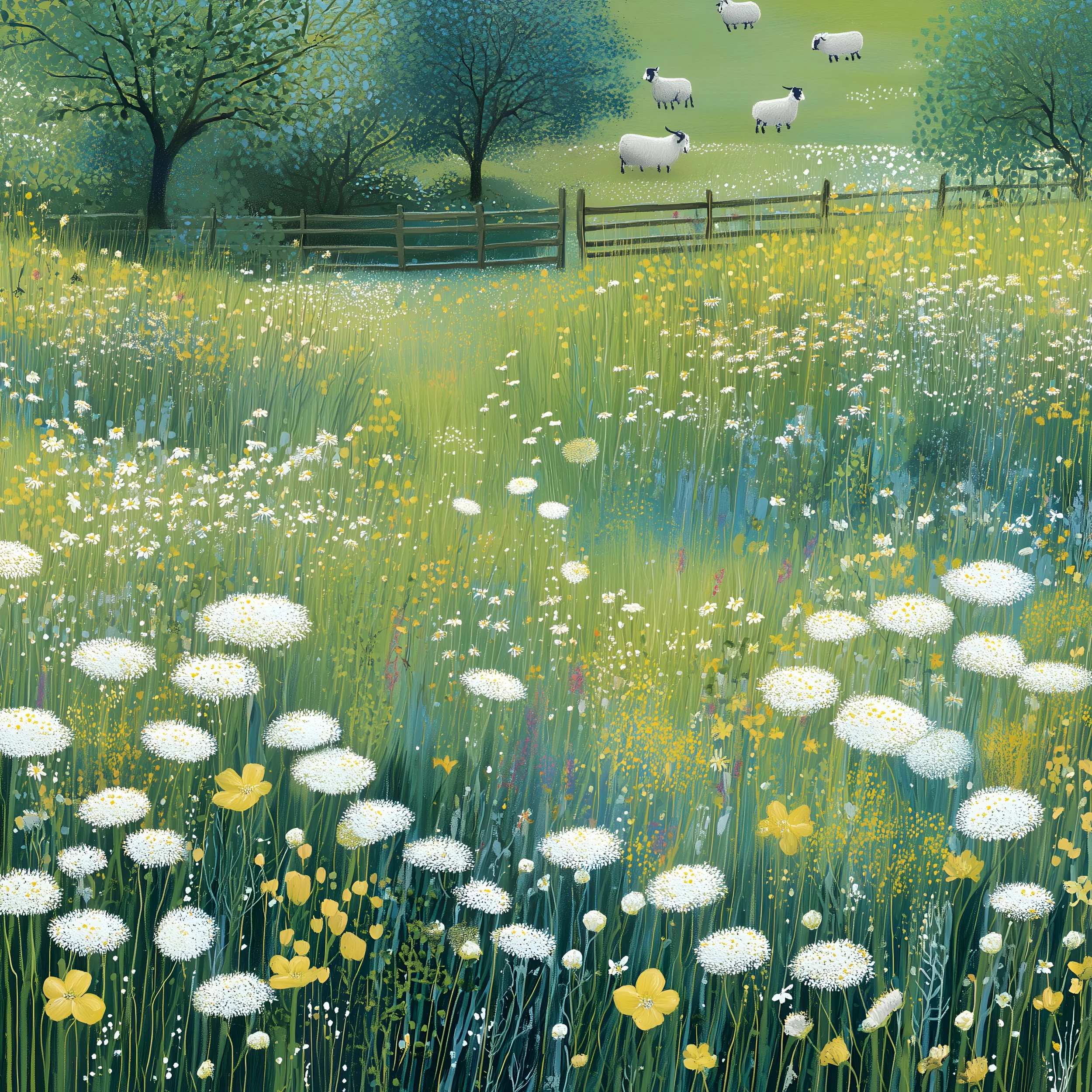 The Wild Meadow — a meadow of cow parsley and buttercups with sheep beyond the fence