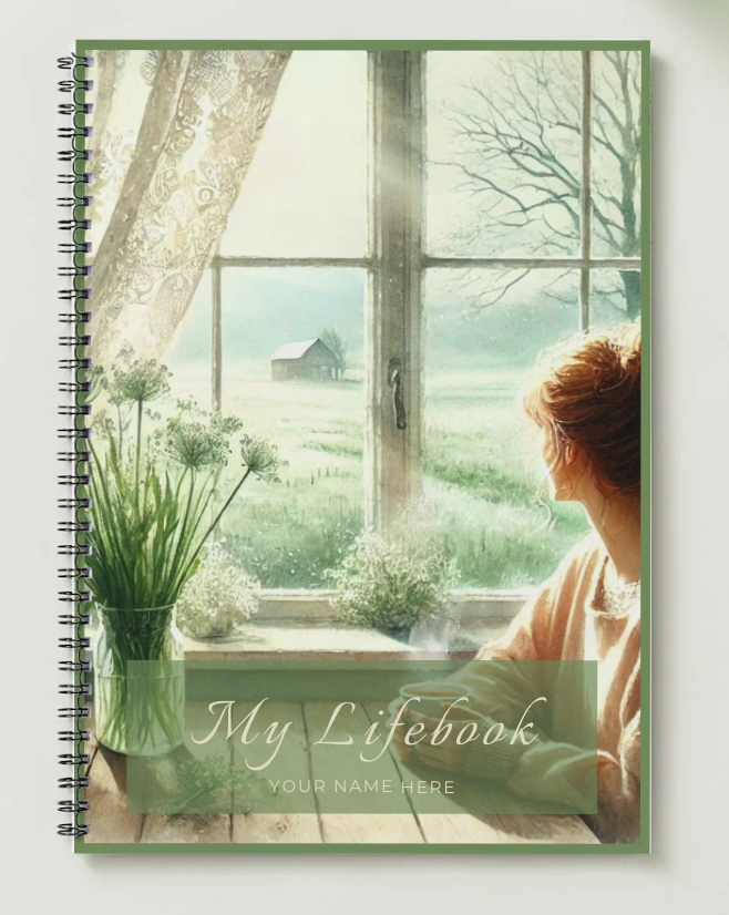 woman at a window over a misty green meadow