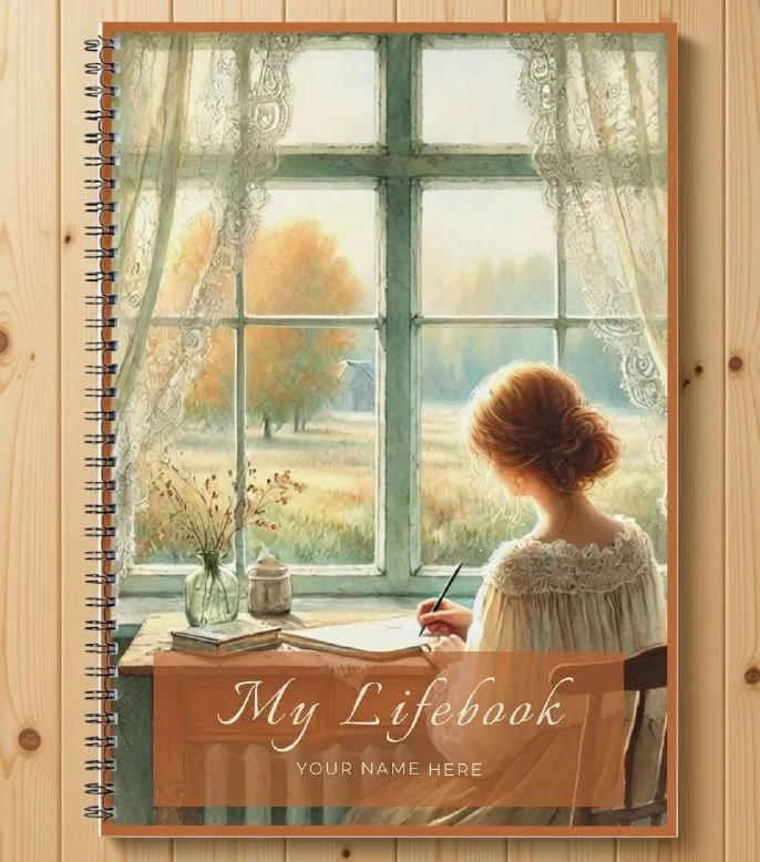 My Lifebook printable journal, terracotta cover with a woman writing at an autumn window