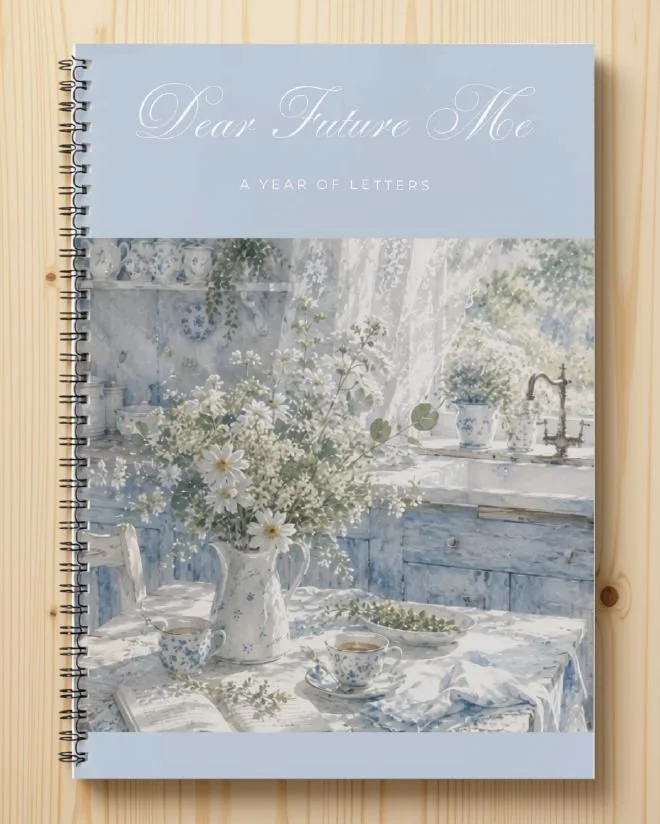 Dear Future Me printable journal in soft blue, cover with daisies in a jug on a sunlit kitchen table kujundus (1).jpg