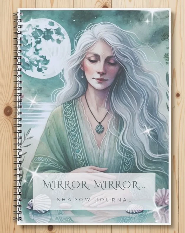 Mirror, Mirror printable shadow journal, cover with a silver-haired woman beneath a full moon by water