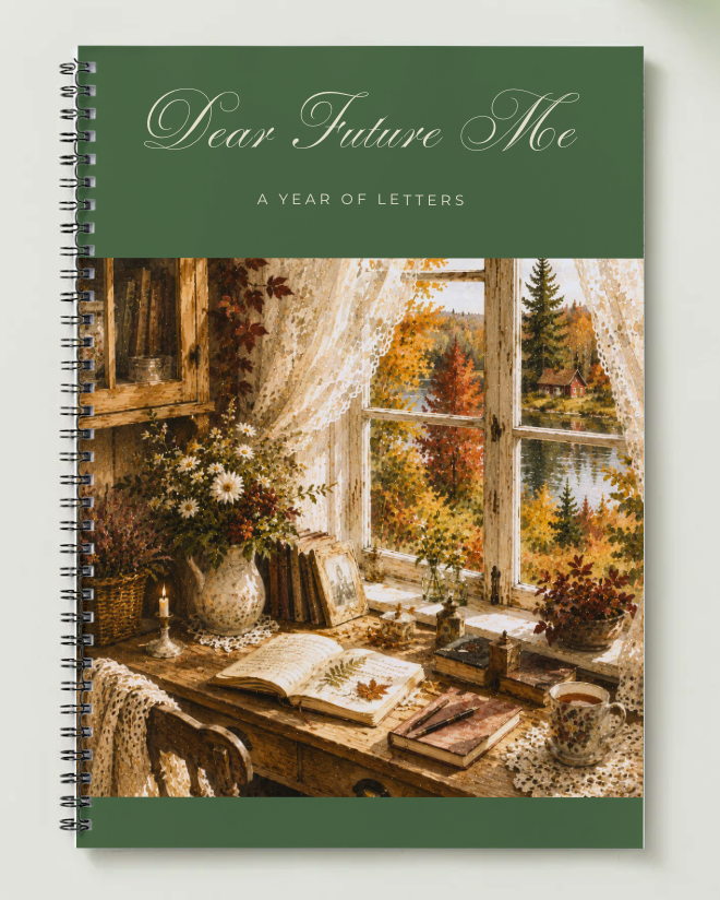 Dear Future Me year of letters journal, Harvest Hour palette, spiral-bound notebook with autumn window scene cover