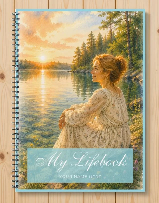 My Lifebook printable journal, turquoise cover with a woman by a lake at golden sunset