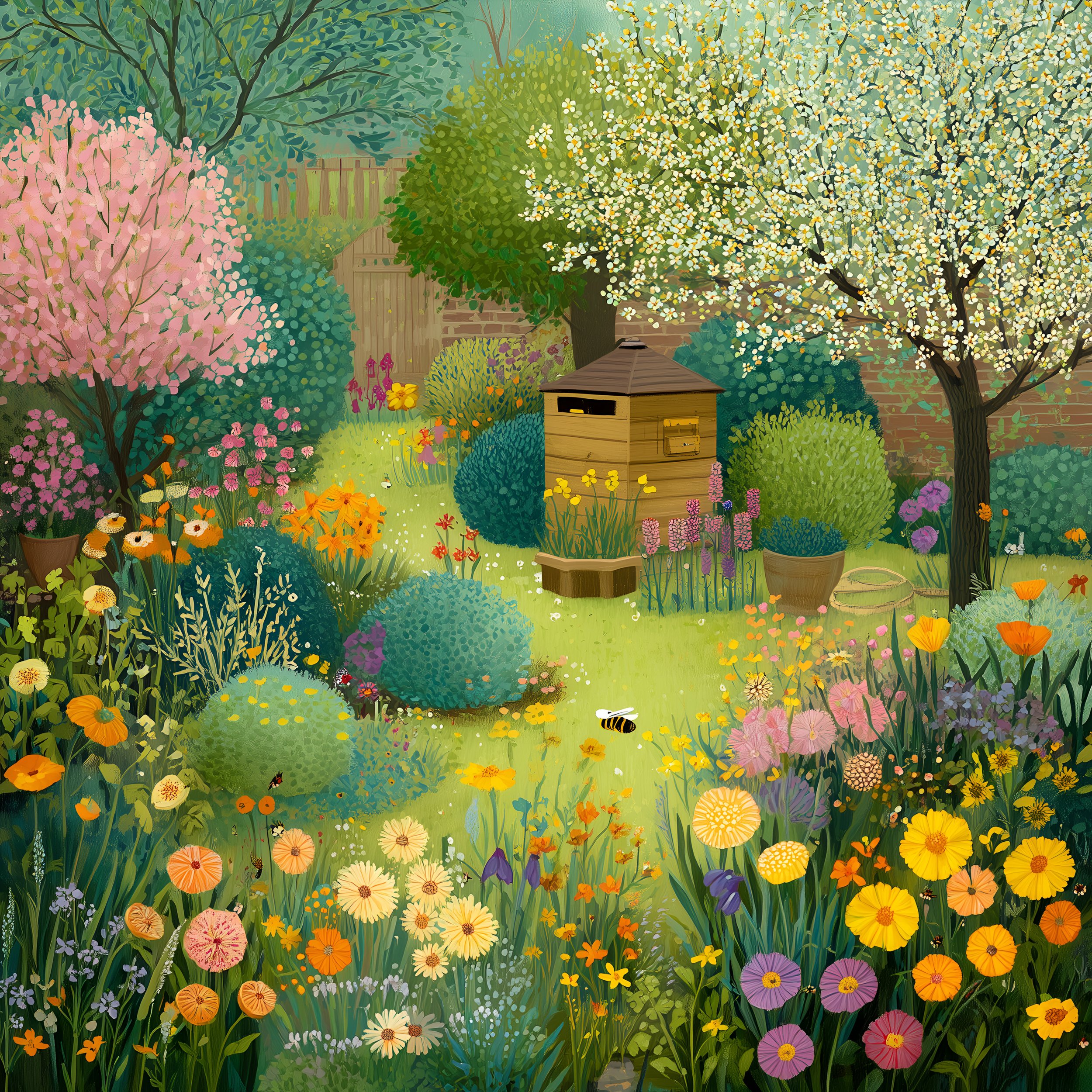 The Herb Bed — a beehive in a garden of herbs and marigolds