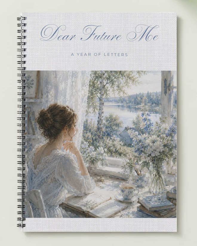Dear Future Me year of letters journal, Linen Letters palette, spiral-bound notebook with woman at window cover on linen texture