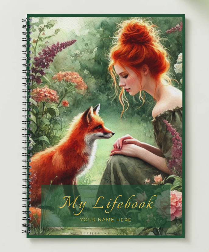 red-haired woman with a fox among flowers