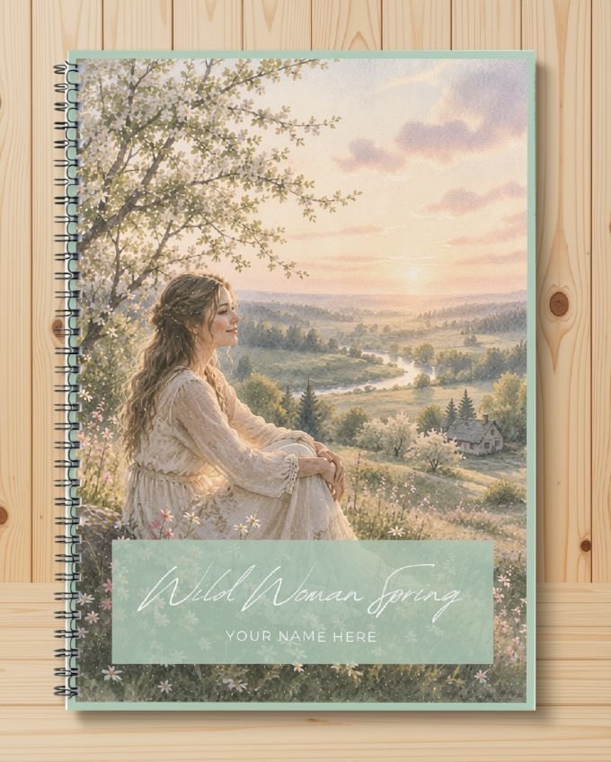 Wild Woman Spring printable seasonal journal, cover with a woman under blossom above a green river valley