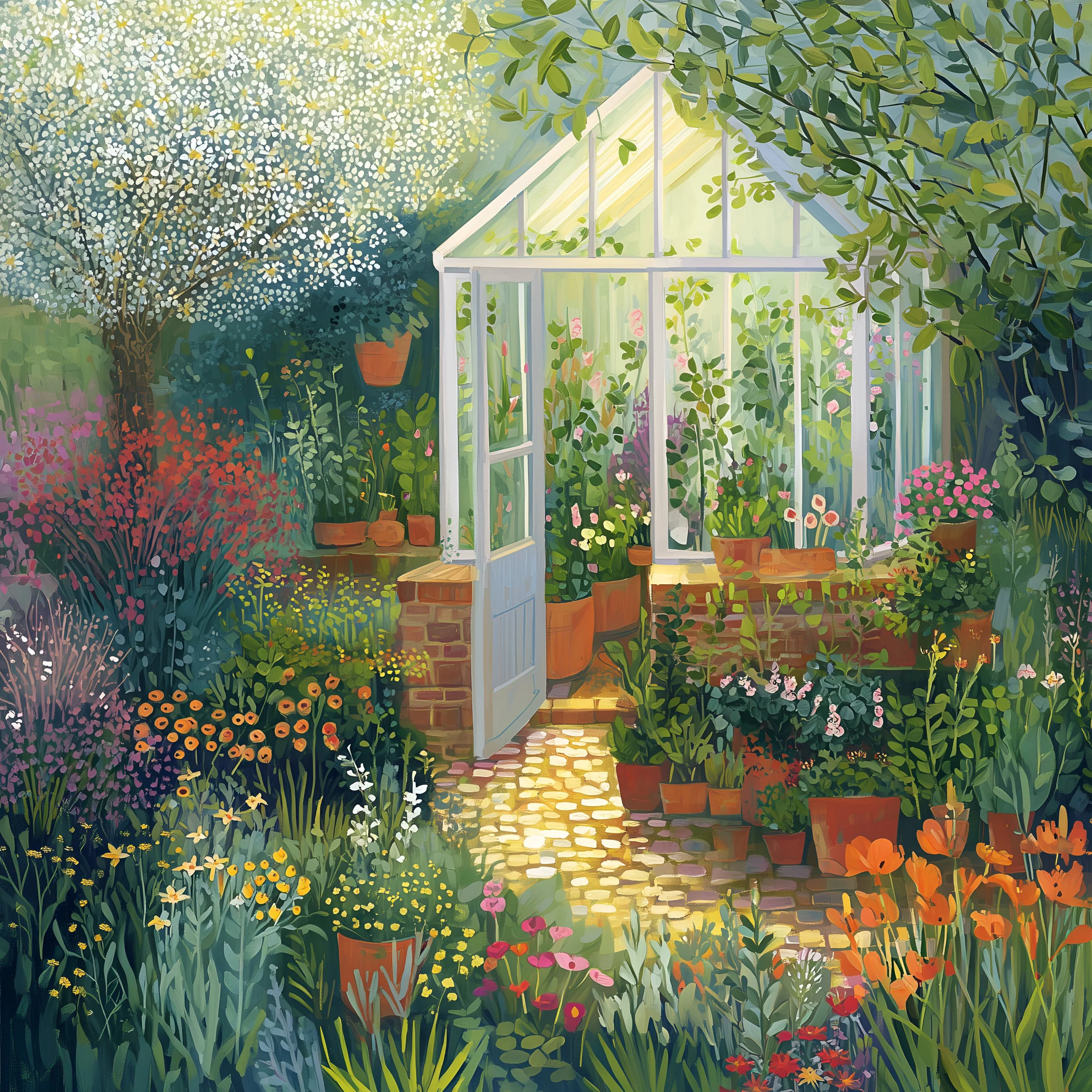 The Greenhouse — a glass greenhouse with a lit path through flowerbeds