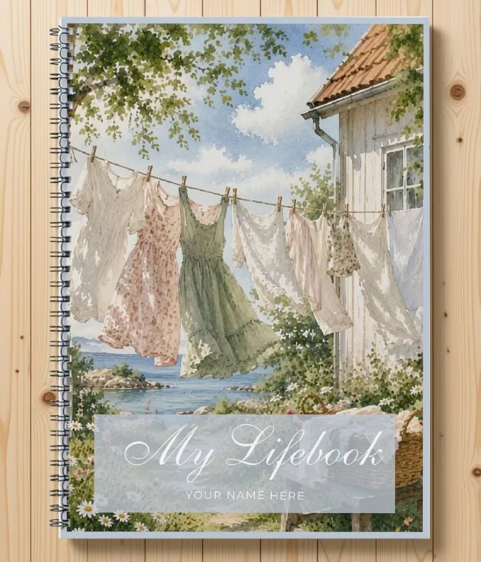 My Lifebook printable journal, cover with summer dresses on a washing line by the sea