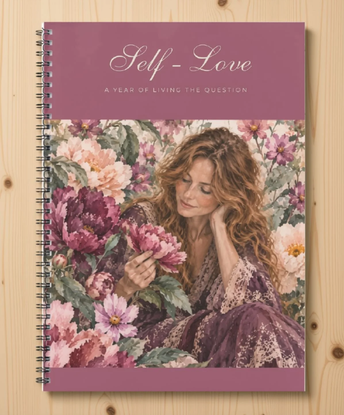 Self-Love printable journal cover in Peony and Plum: a red-haired woman in a plum lace dress holding a peony among rose and pink flowers