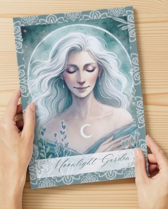 The Moonlight Garden, a free printable guide held open, cover showing a silver-haired woman with a crescent moon