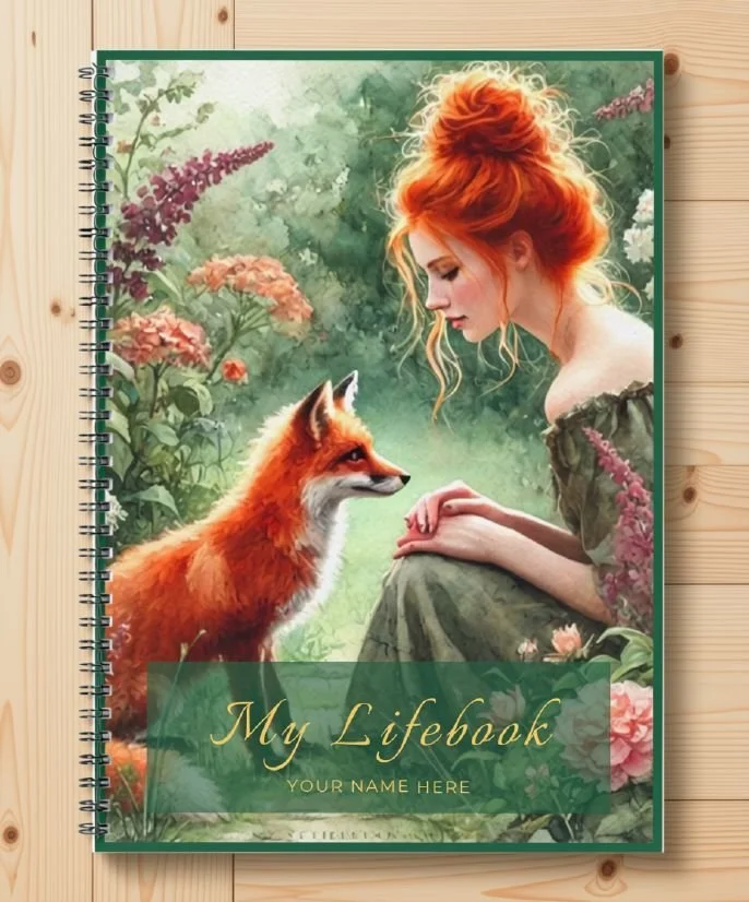 My Lifebook printable journal, green cover with a red-haired woman meeting a fox in a flowering garden, with a space for your name