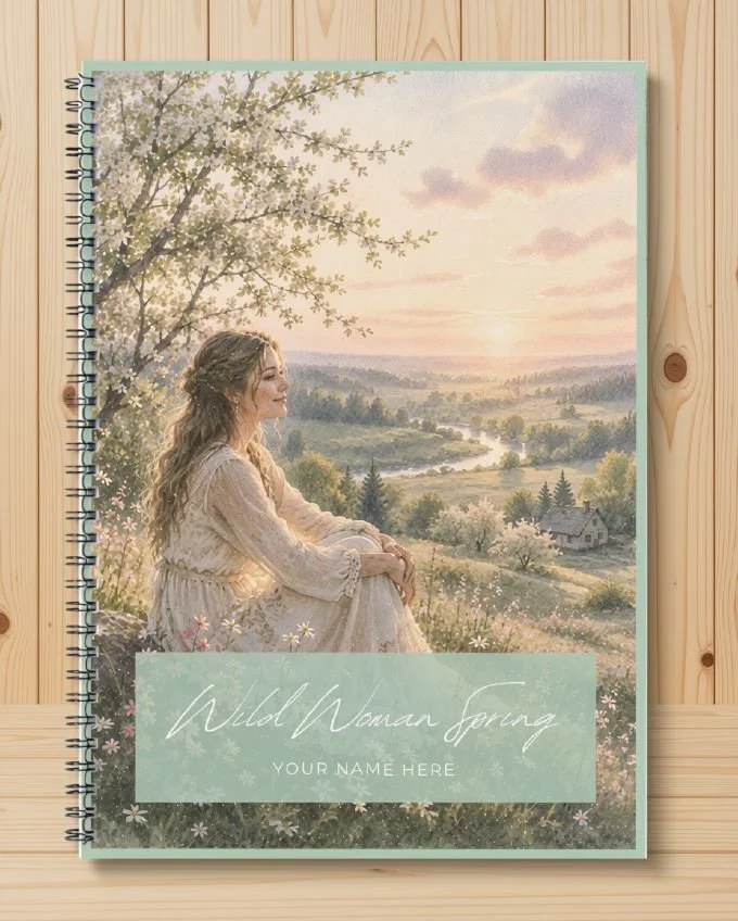 Wild Woman Spring printable seasonal journal, cover with a woman under blossom above a green river valley