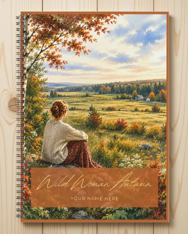Wild Woman Spring printable seasonal journal, cover with a woman under blossom above a green river valley