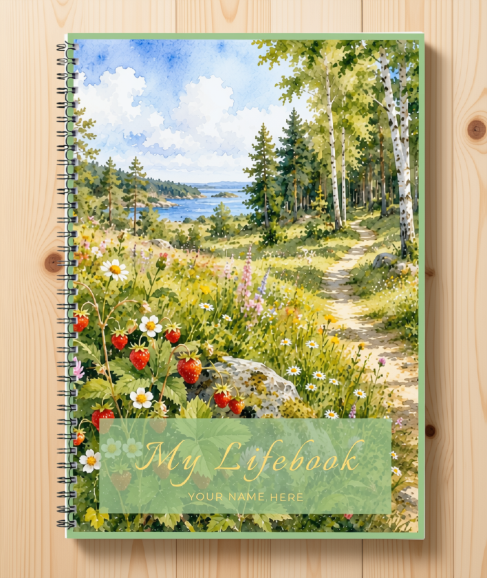 My Lifebook printable journal, green cover with a woodland path, wild strawberries and daisies by the sea