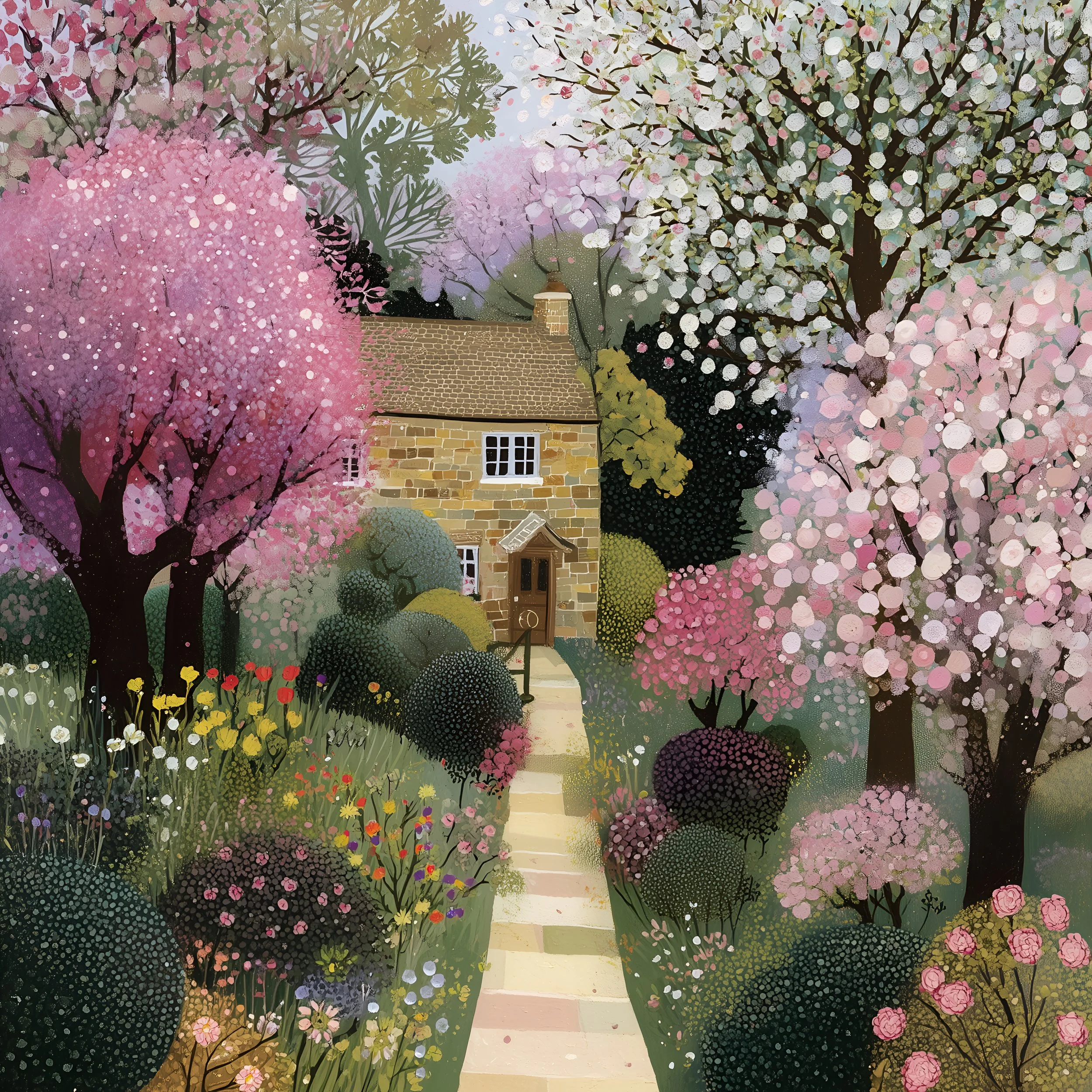 A vibrant garden pathway lined with blooming cherry blossom trees in shades of pink and white. The scene features a stone house with step stairs leading to the entrance, surrounded by lush greenery and colorful flowers, illuminated by soft sunlight.