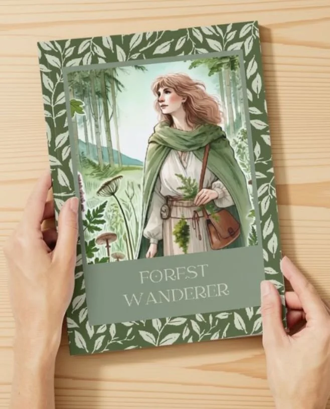 Walking with the Forest Wanderer, a free printable guide held open, cover showing a woman in a green cloak among leaves