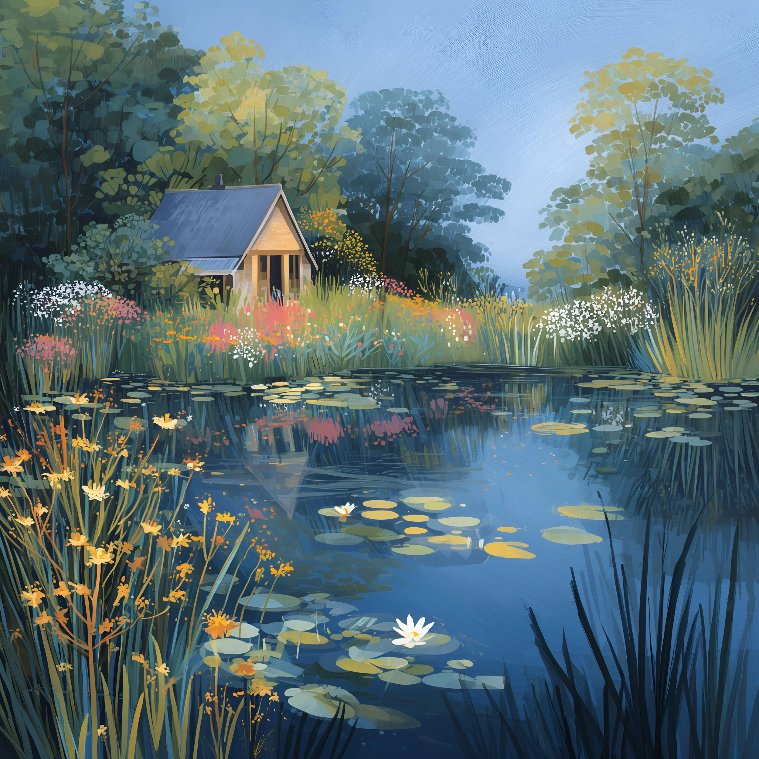 The Mirror Pond — a still pond with water lilies and a small house beyond
